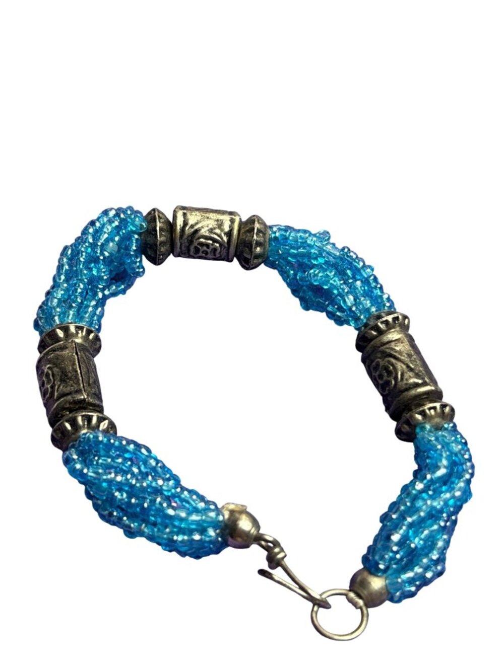 Blue Seed Bead Bracelet Silvertone Floral Hook Clasp 6.5 inches